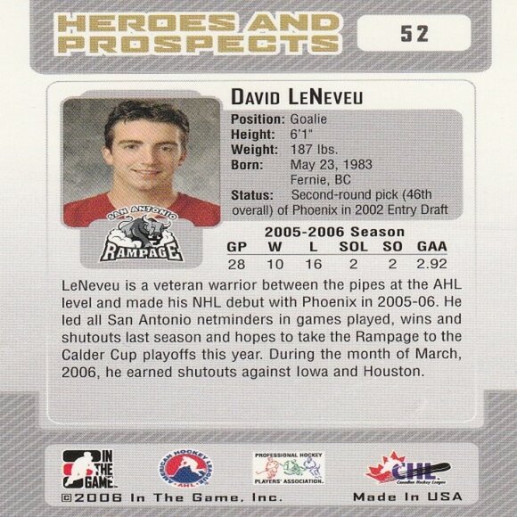David LeNeveu - 2006 ITG Heroes & Prospects Hockey Card - Picture 2 of 2